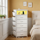Snhomee Nightstand With 5 Drawers, Narrow and Tall Nightstand With Charging Station & Extra Storage Bag -Nightstand Dresser For Bedroom, Dorm, Apartment & Small Spaces