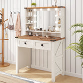 Snhomee 31.5"W Makeup Vanity Desk with LED Mirror & Charging Station – Adjustable 3-Color Lighting, Wooden Drawers & Shelves for Bedroom  or Dressing Room