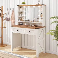 Snhomee 31.5"W Makeup Vanity Desk with LED Mirror & Charging Station – Adjustable 3-Color Lighting, Wooden Drawers & Shelves for Bedroom or Dressing Room