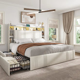 Snhomee Upholstered Bed Frame with Storage Headboard & 4 Drawers, LED & Charging Station, 1200 lbs, Noise-Free, No Box Spring Needed