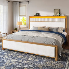 Snhomee Solid Wood Bed Frame with Upholstered Headboard,800 LBS Bed Frame with LED Lights & Charging Station, Noise-Free