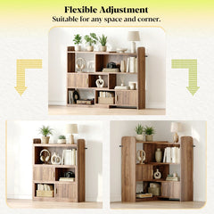 Snhomee Expandable Bookshelve,L Shaped Corner Bookshelf with 2 Enclosed Storage Cabinet, Rustic Farmhouse Bookshelf for Bedroom, Living Room, Home Office