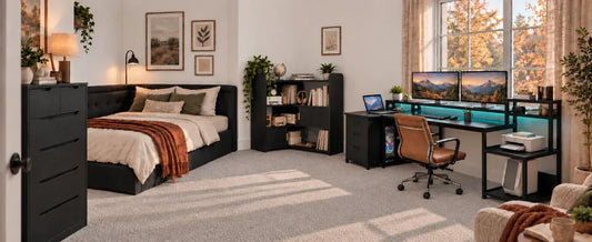 Cozy autumn bedroom office with an L-shaped computer desk, cushioned corner bed, bookshelf, and tall dresse