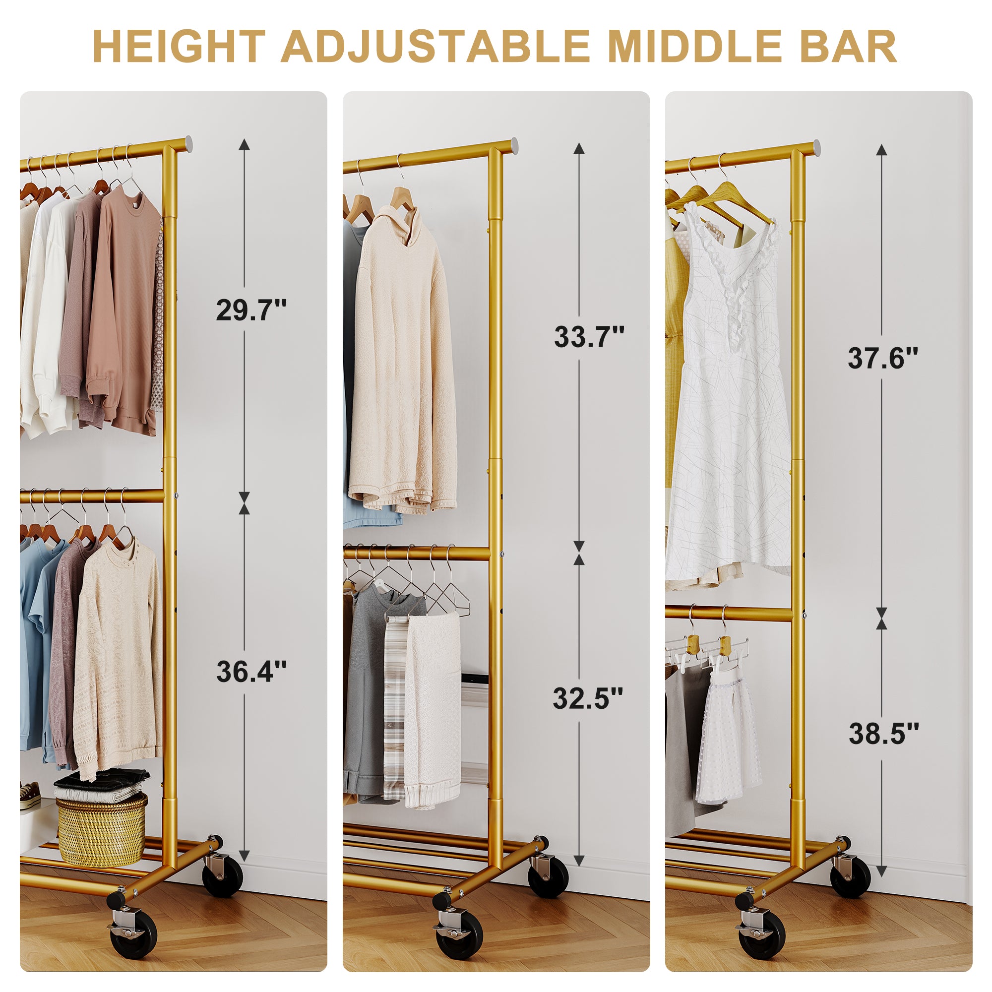 Snhomee 450 lbs Garment Rack with Wheels, Commercial Clothes Rack for Hanging-Home Storage > Clothes Rack-Gold-(45.3"-69.1")W x 17.8"D x 72"H-snhomee
