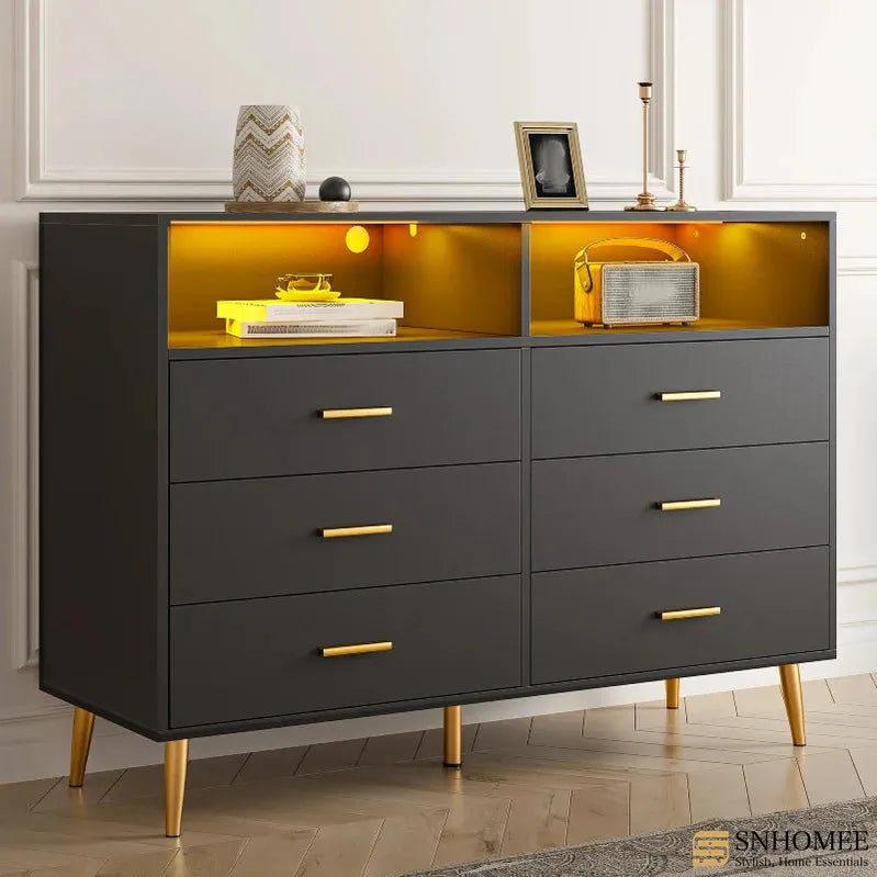 47"W Double Black Wooden Dresser with 6 Drawers & LED lights for Bedroom-Furniture > Dresser-snhomee