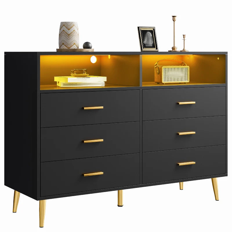 47"W Double Black Wooden Dresser with 6 Drawers & LED lights for Bedroom-Furniture > Dresser-snhomee