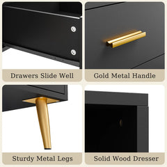 47"W Double Black Wooden Dresser with 6 Drawers & LED lights for Bedroom-Furniture > Dresser-snhomee