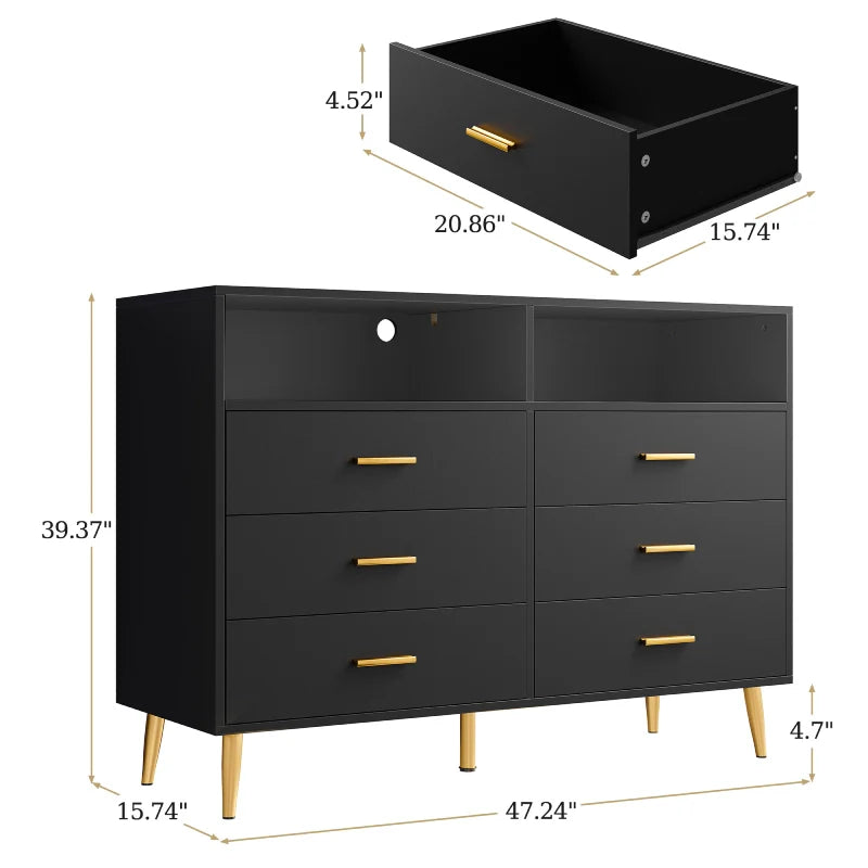 47"W Double Black Wooden Dresser with 6 Drawers & LED lights for Bedroom-Furniture > Dresser-snhomee