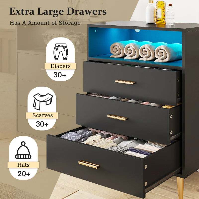 47"W Double Black Wooden Dresser with 6 Drawers & LED lights for Bedroom-Furniture > Dresser-snhomee