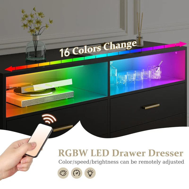 47"W Double Black Wooden Dresser with 6 Drawers & LED lights for Bedroom-Furniture > Dresser-snhomee