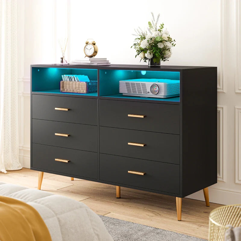 47"W Double Black Wooden Dresser with 6 Drawers & LED lights for Bedroom-Furniture > Dresser-snhomee