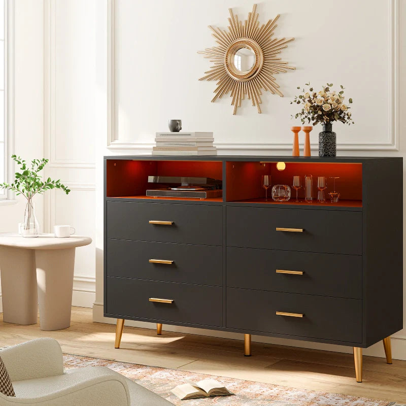 47"W Double Black Wooden Dresser with 6 Drawers & LED lights for Bedroom-Furniture > Dresser-snhomee
