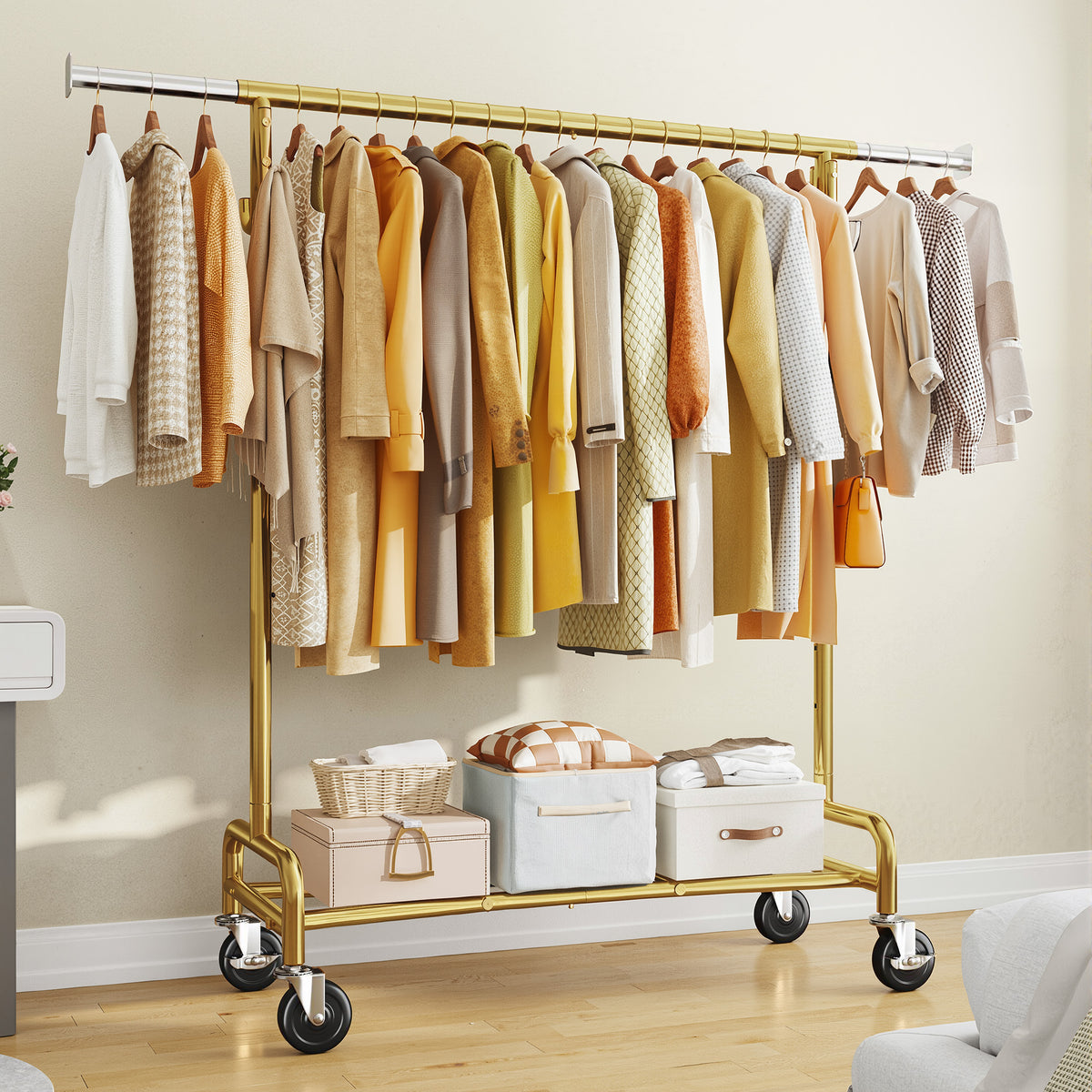Snhomee Rolling Clothes Rack with Shelf, Adjustable Clothes Rack with Bottom Shelf & 4 Hooks for Hanging