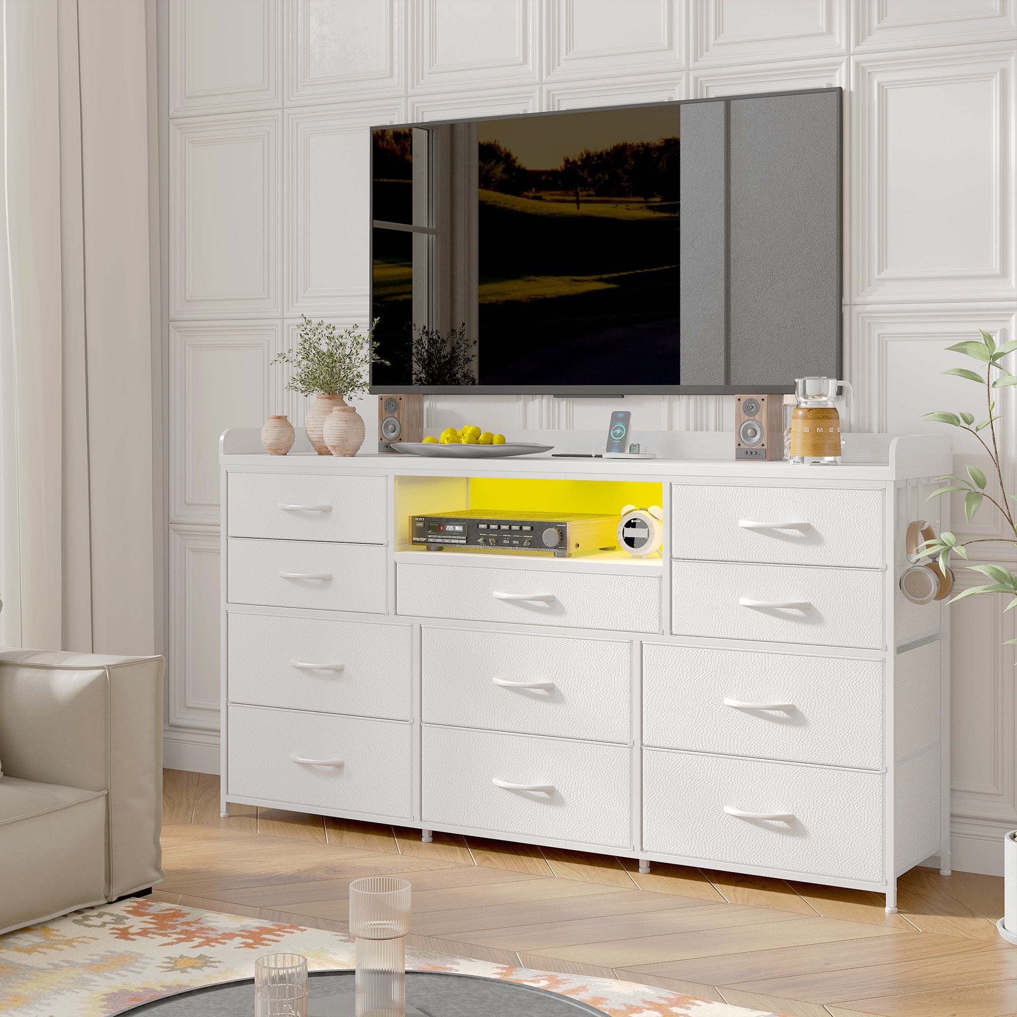 Snhomee ‌60" Dresser TV Stand w/11 Drawers | LED Lights, Power Outlets & Hooks | Sturdy Metal Frame & Wood Top