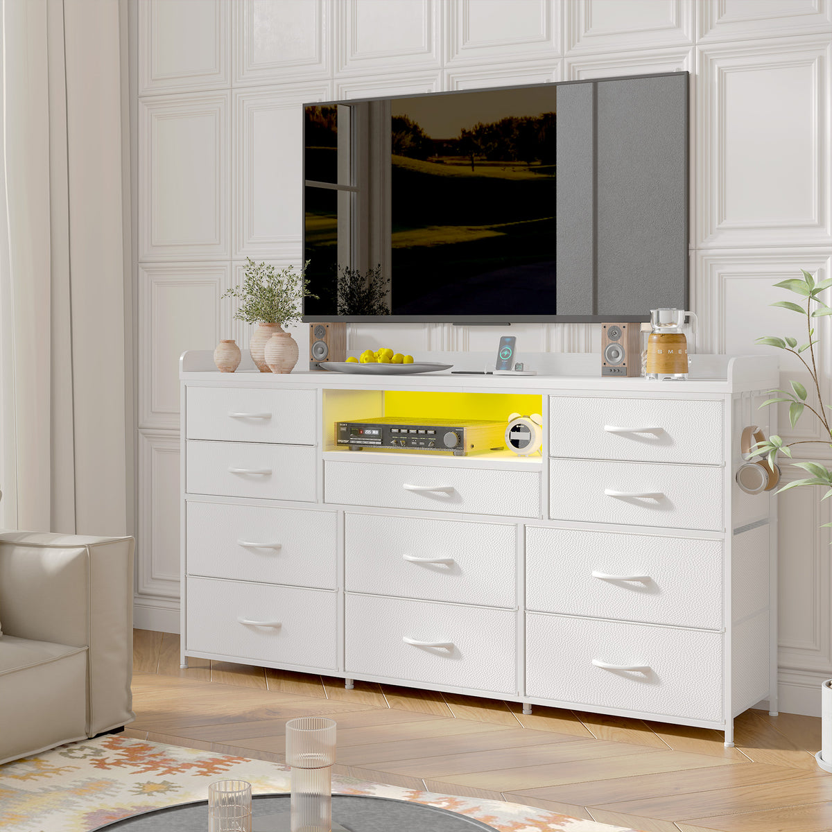 Snhomee ‌60" Dresser TV Stand w/11 Drawers | LED Lights, Power Outlets & Hooks | Sturdy Metal Frame & Wood Top