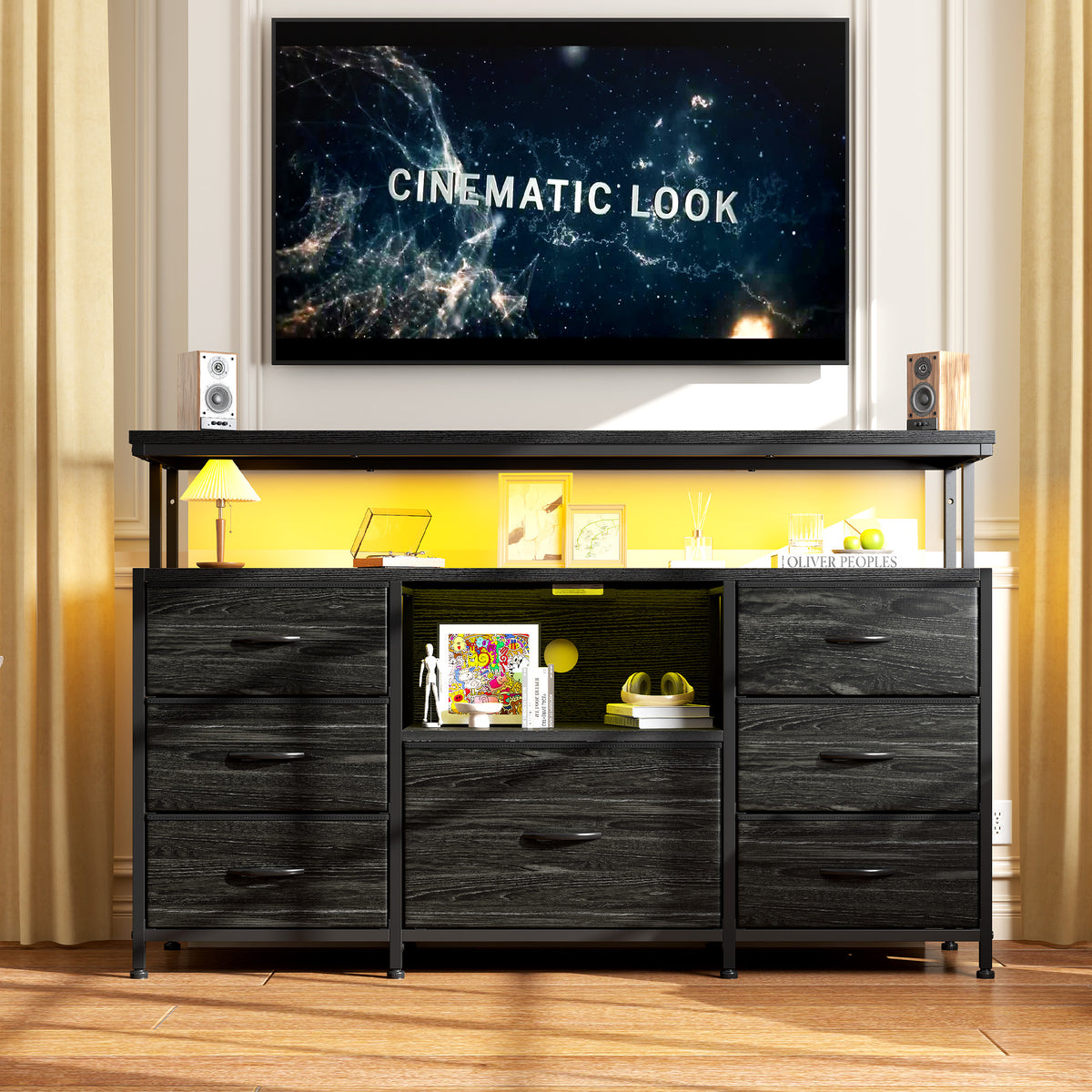 Snhomee 55" TV Stand Dresser with LED & Outlets 7-Drawer Fabric Storage with Wood Shelves & Metal Frame for Bedroom or Living Room Snhomee 55" TV Stand Dresser with LED & Outlets 7-Drawer Fabric Storage with Wood Shelves & Metal Frame for Bedroom or Living Room