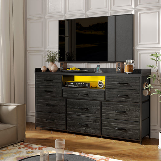 Snhomee ‌60" Dresser TV Stand w/11 Drawers | LED Lights, Power Outlets & Hooks | Sturdy Metal Frame & Wood Top