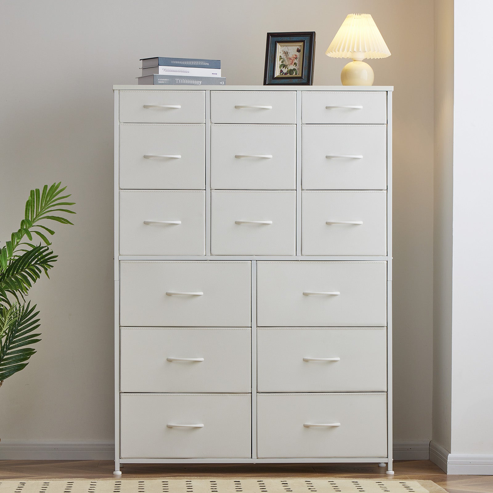 Dresser for Bedroom with 15 Drawers, Sturdy Metal Frame & Wood Top, Top Large Fabric Chest of Drawers, Closet, Livingroom-Furniture > Dresser-37.8"W x 11.8"D x 52.4"H-Black-snhomee