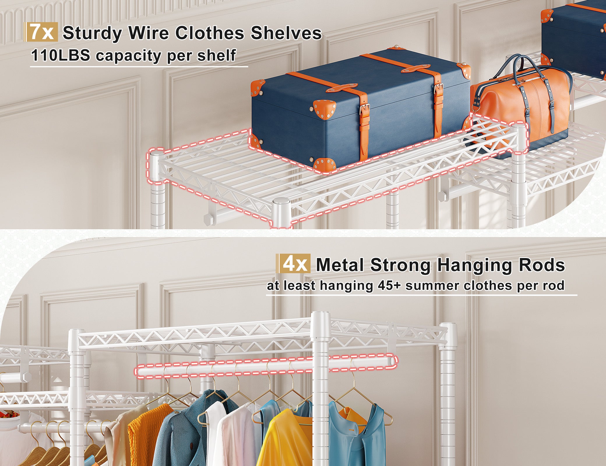 Clothing Racks for Hanging Clothes, Heavy Duty Clothes Rack Load 725LBS, Adjustable Metal Wardrobe Closet, White-Clothing & Closet Storage-snhomee
