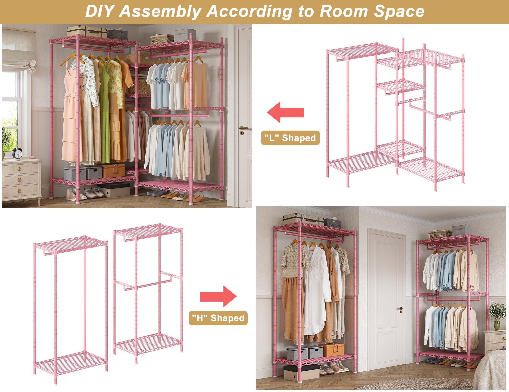 Clothing Racks for Hanging Clothes, Heavy Duty Clothes Rack Load 730LBS, Metal Wardrobe Closet, 77" H, Pink-Home Storage > Clothes Rack-snhomee