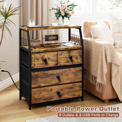 LED Nightstands with Charging Station: 4 Fabric Drawers, USB Ports & Outlets for Bedroom-Rustic Brown-1-snhomee