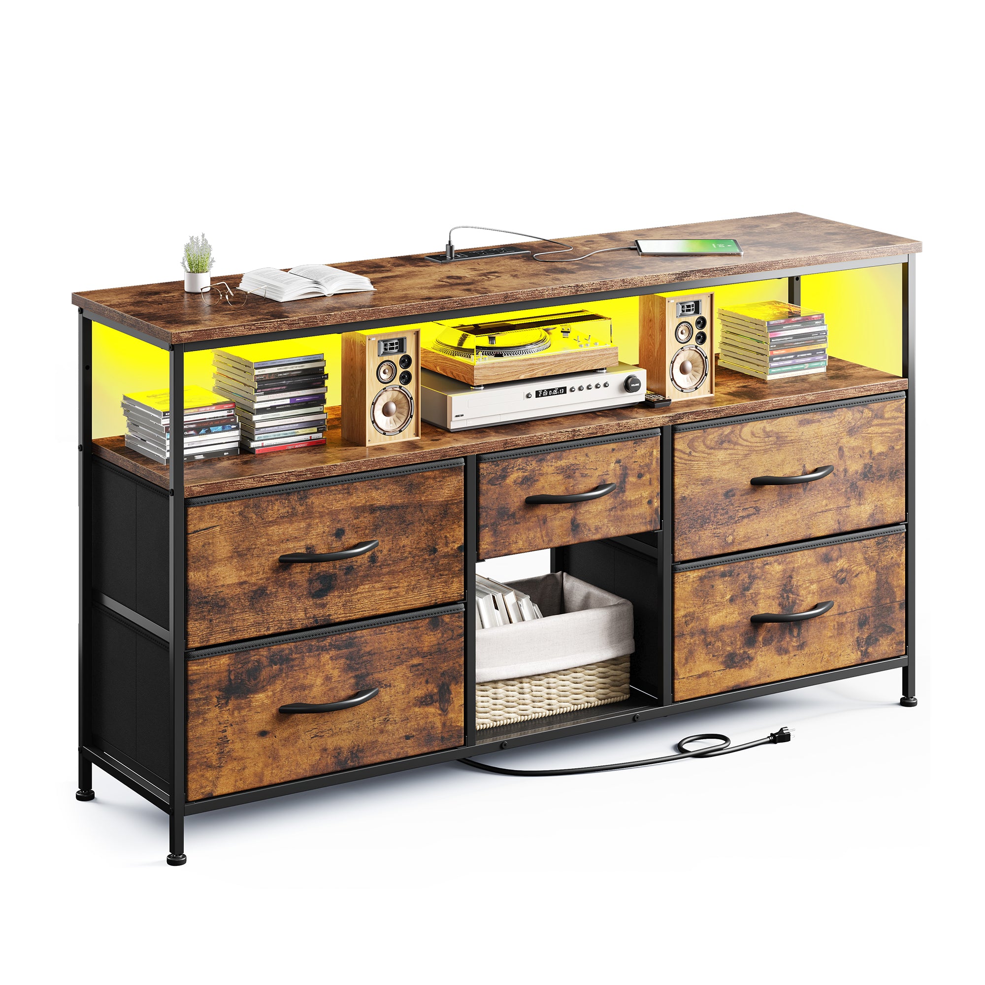 50" LED TV Stand with 5 Drawers & Outlets | Metal Dresser for Bedroom/Living Room-Rustic Brown-snhomee