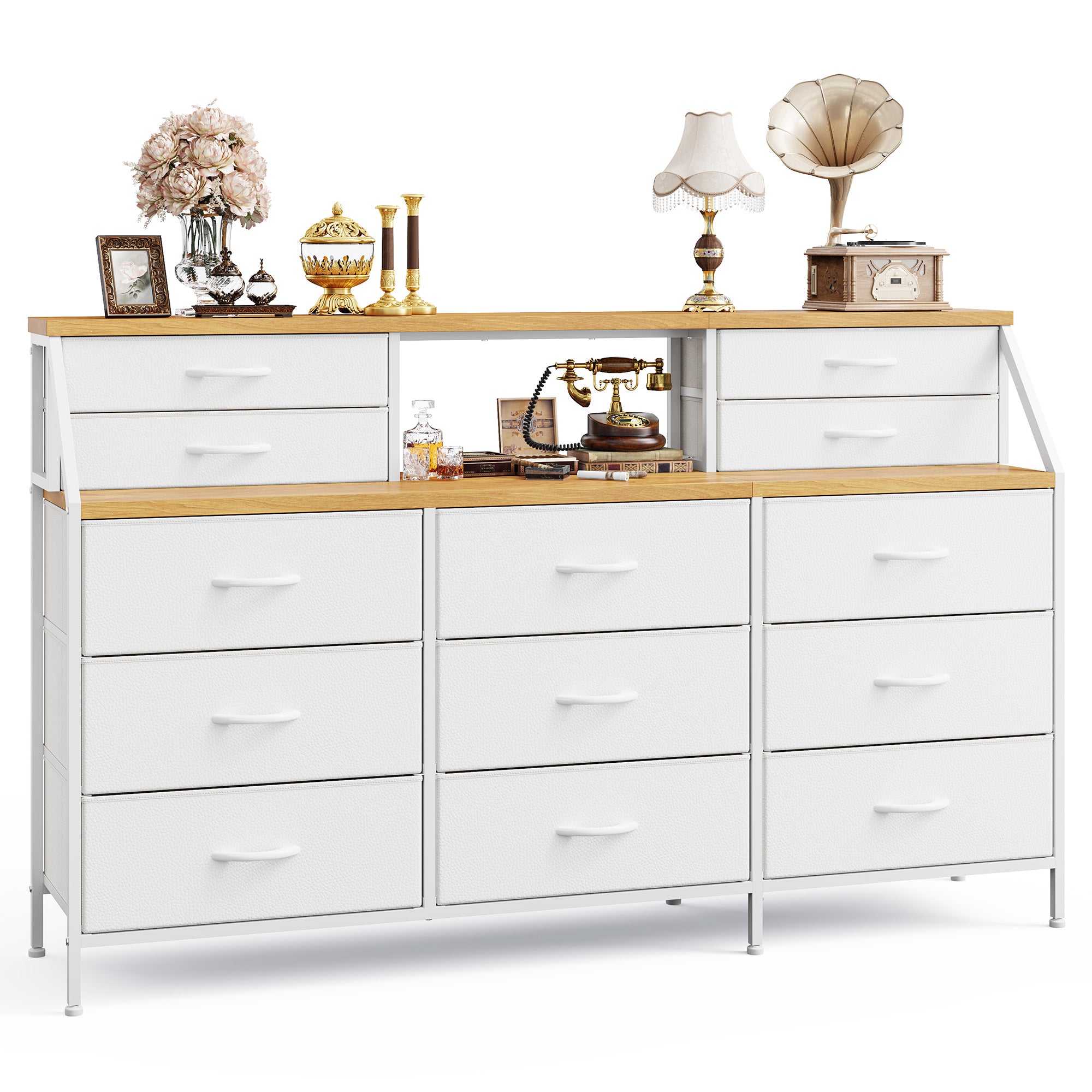 Girls Dresser Organizer: 55"W Dresser with 13 Fabric Drawers and 2 Open Shelves, Metal Frame & Wooden Top for Bedroom/Closet