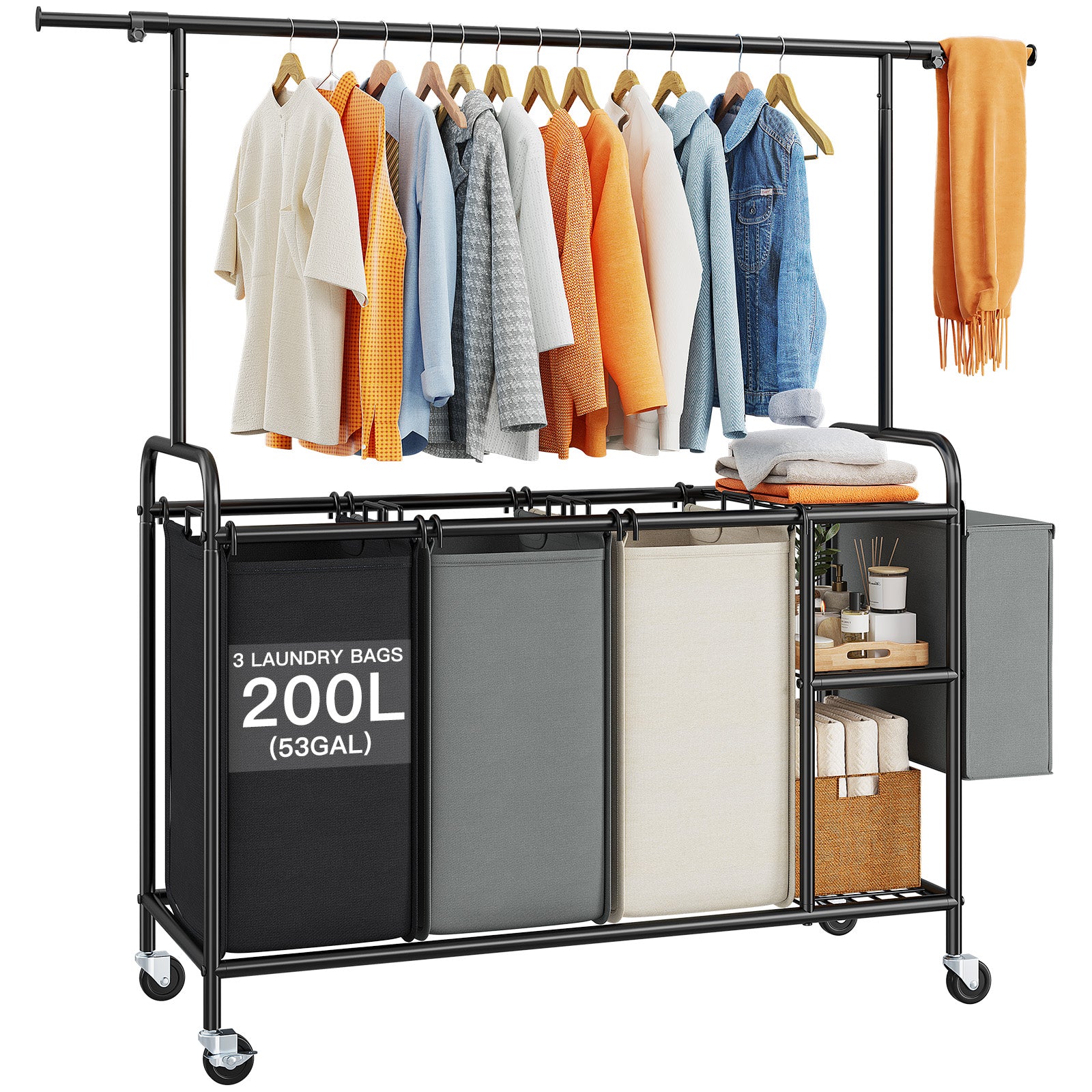 Snhomee 200L Rolling Laundry Sorter with Hanging Bar & 3 Bags - Wheeled Hamper Organizer