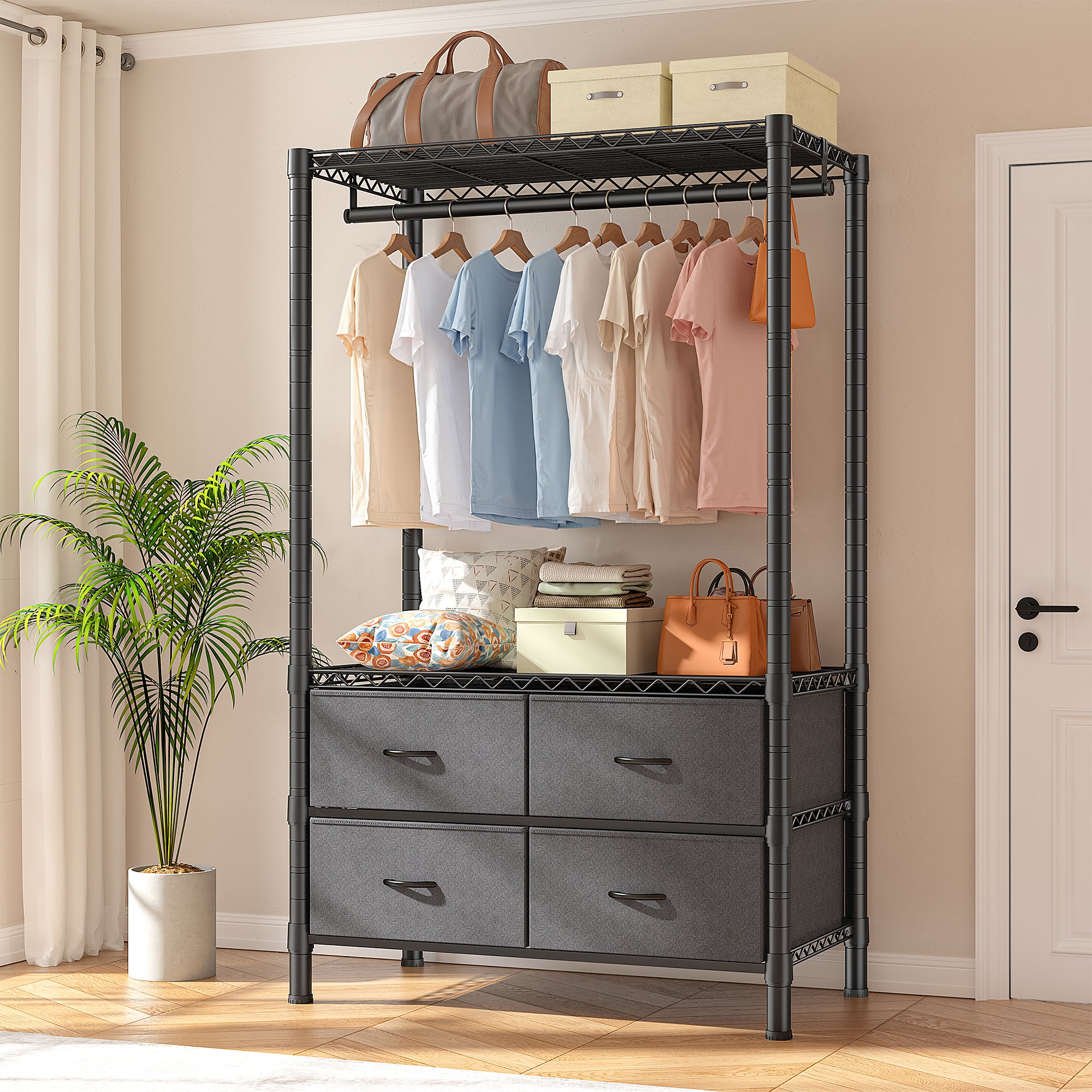 Snhomee Portable Clothes Rack with Drawers Metal Clothing Garment Rack, Freestanding/Rolling Black Freestanding Rack