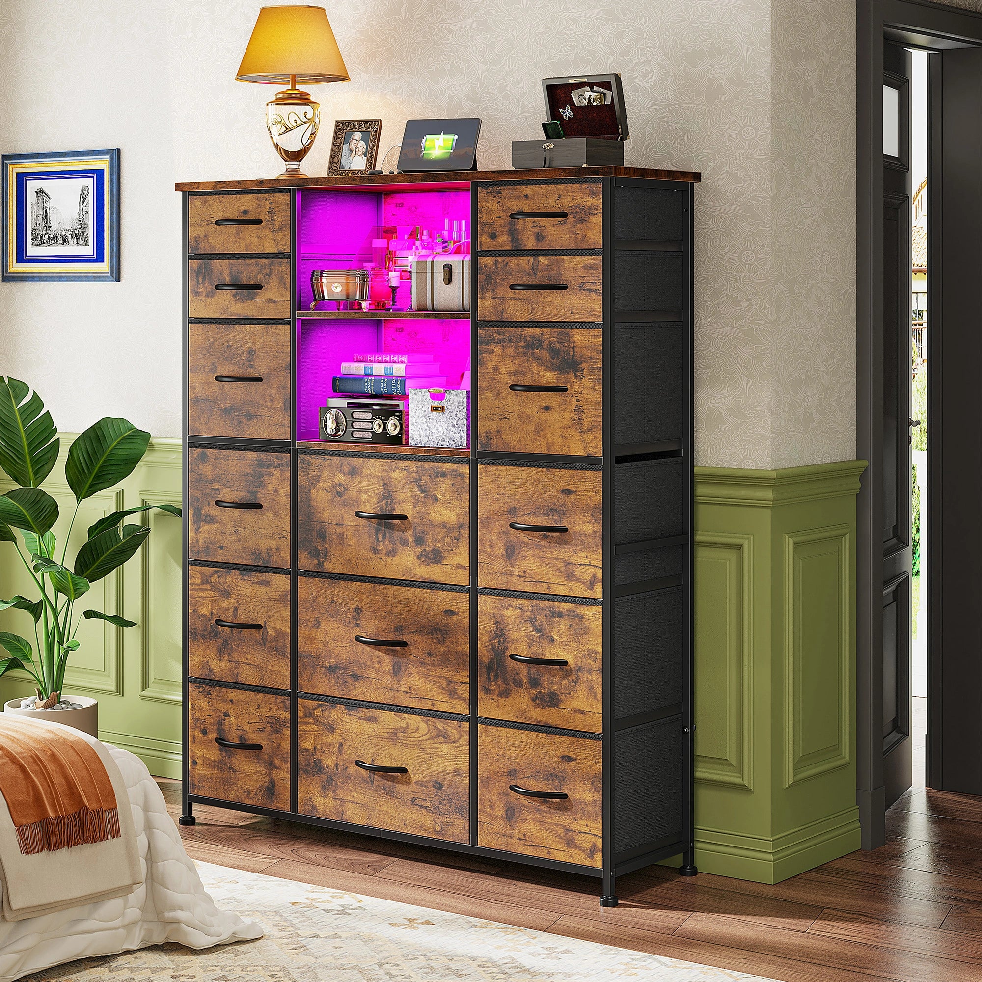 15-Drawer Smart Dresser with Charging Station & LED Lights - 51" Tall Fabric Storage Organizer, Steel Frame, Wood Shelves | No Assembly Hassle, Anti-Tip Safety, for Bedroom, Closet, Hallway