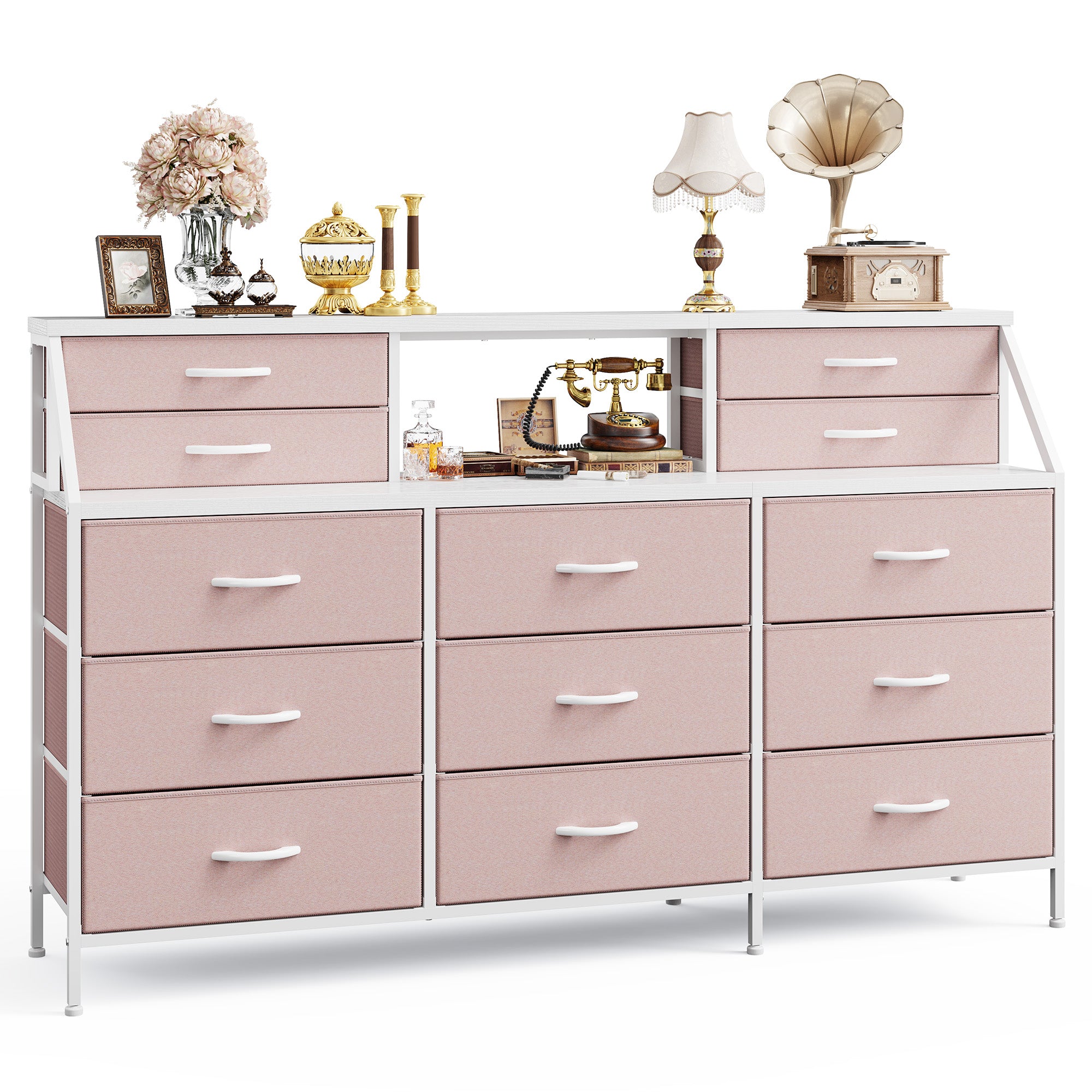 Girls Dresser Organizer: 55"W Dresser with 13 Fabric Drawers and 2 Open Shelves, Metal Frame & Wooden Top for Bedroom/Closet