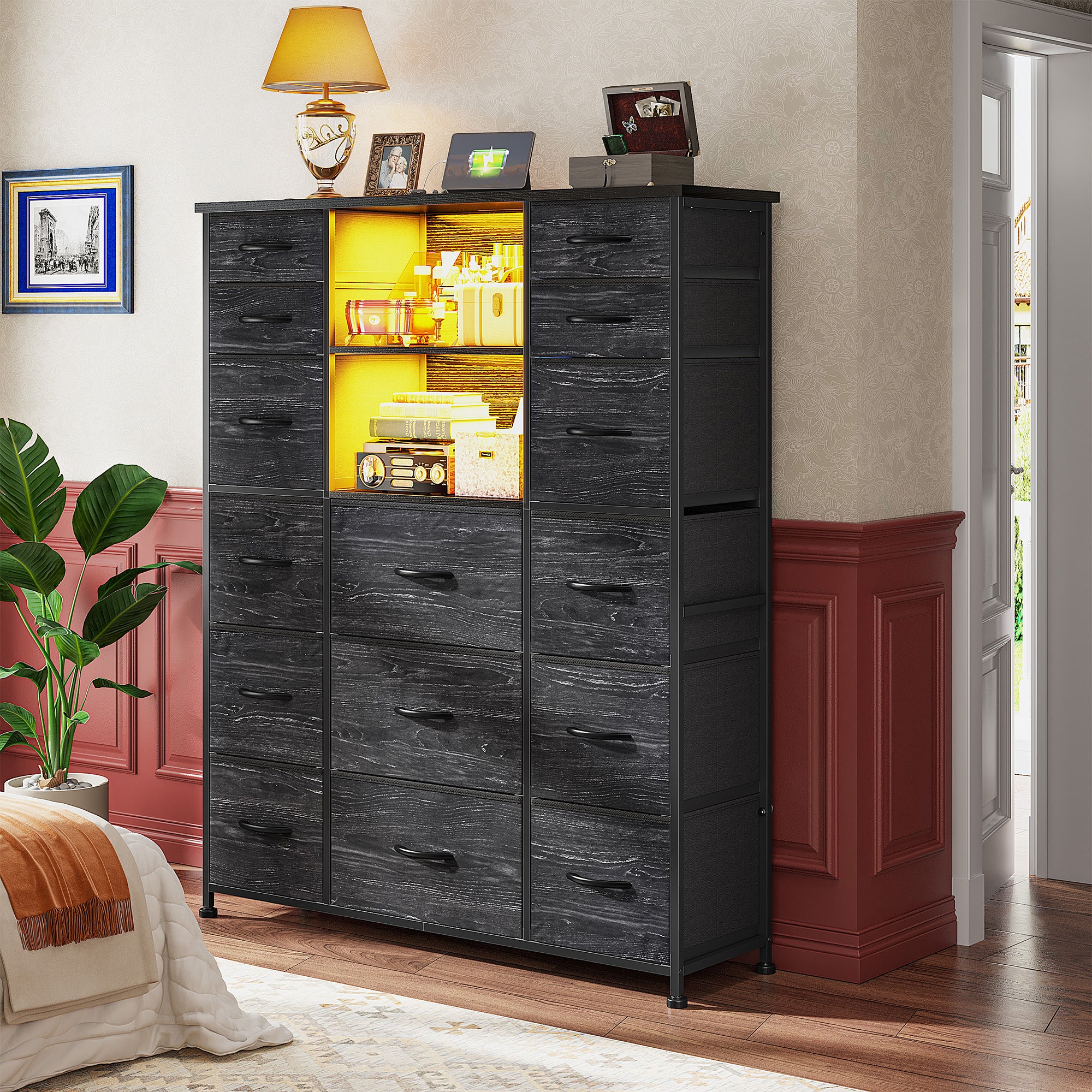 15-Drawer Smart Dresser with Charging Station & LED Lights - 51" Tall Fabric Storage Organizer, Steel Frame, Wood Shelves | No Assembly Hassle, Anti-Tip Safety, for Bedroom, Closet, Hallway