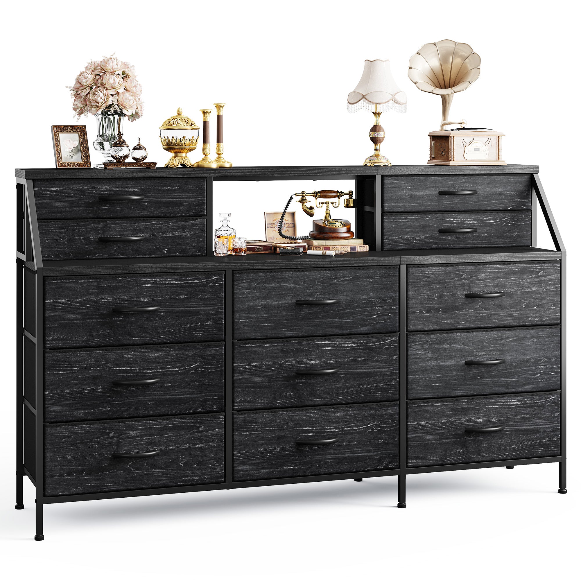 Girls Dresser Organizer: 55"W Dresser with 13 Fabric Drawers and 2 Open Shelves, Metal Frame & Wooden Top for Bedroom/Closet