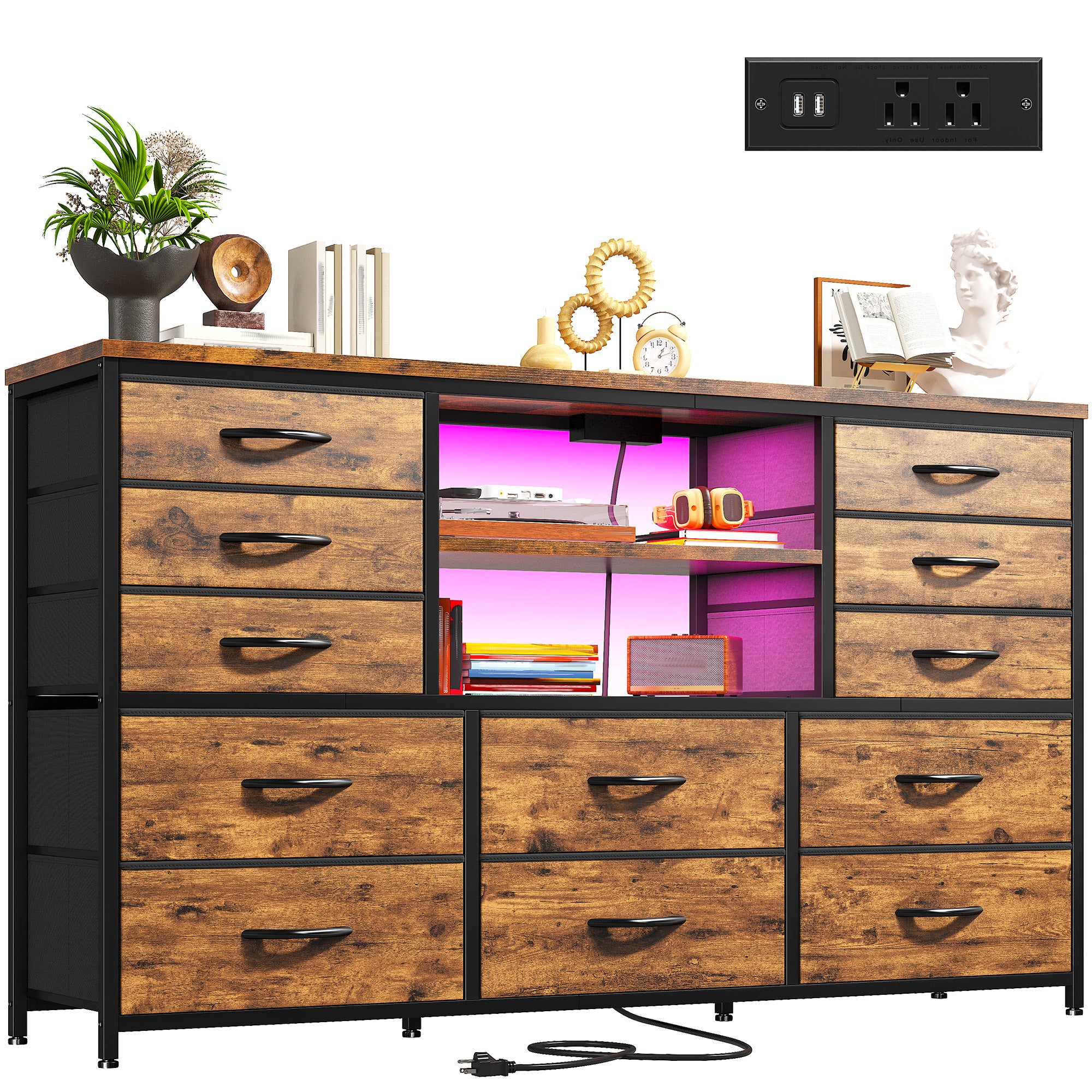Snhomee 12-Drawer LED Dresser with USB Outlets - 60'' TV Stand for Bedroom & Living Room, Metal Frame Storage Cabinet 49''W x 35''H