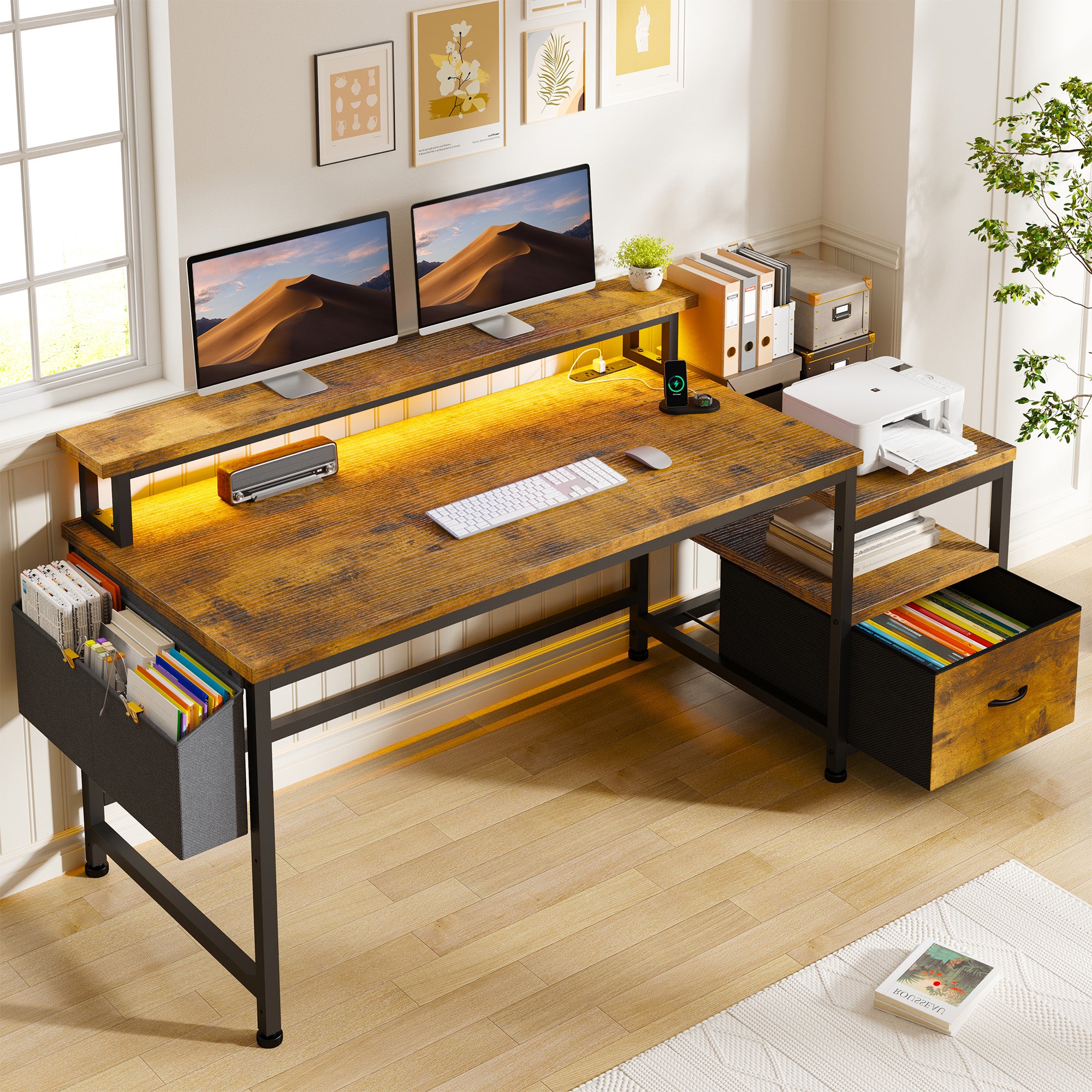 57" Computer Desk with Drawer, Gaming Desk with Moniter Stand, Home Office Desk for Bedroom Dorm