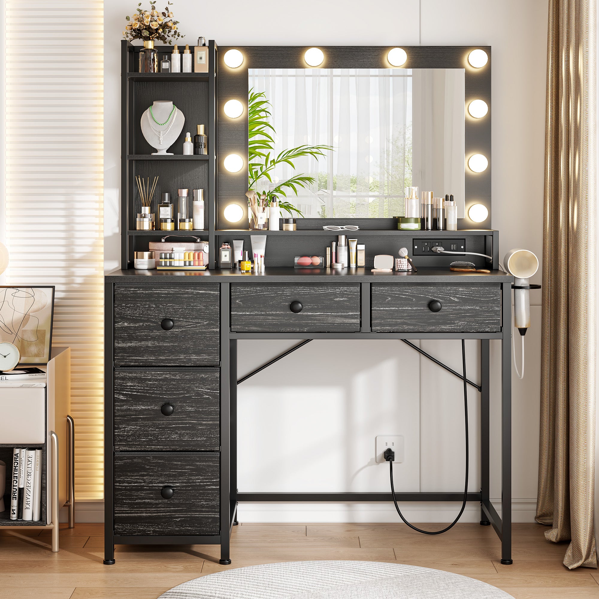 LED Vanity Desk with Mirror, 5 Drawers & Power Outlet - 3 Light Modes, Adjustable Brightness Dressing Table
