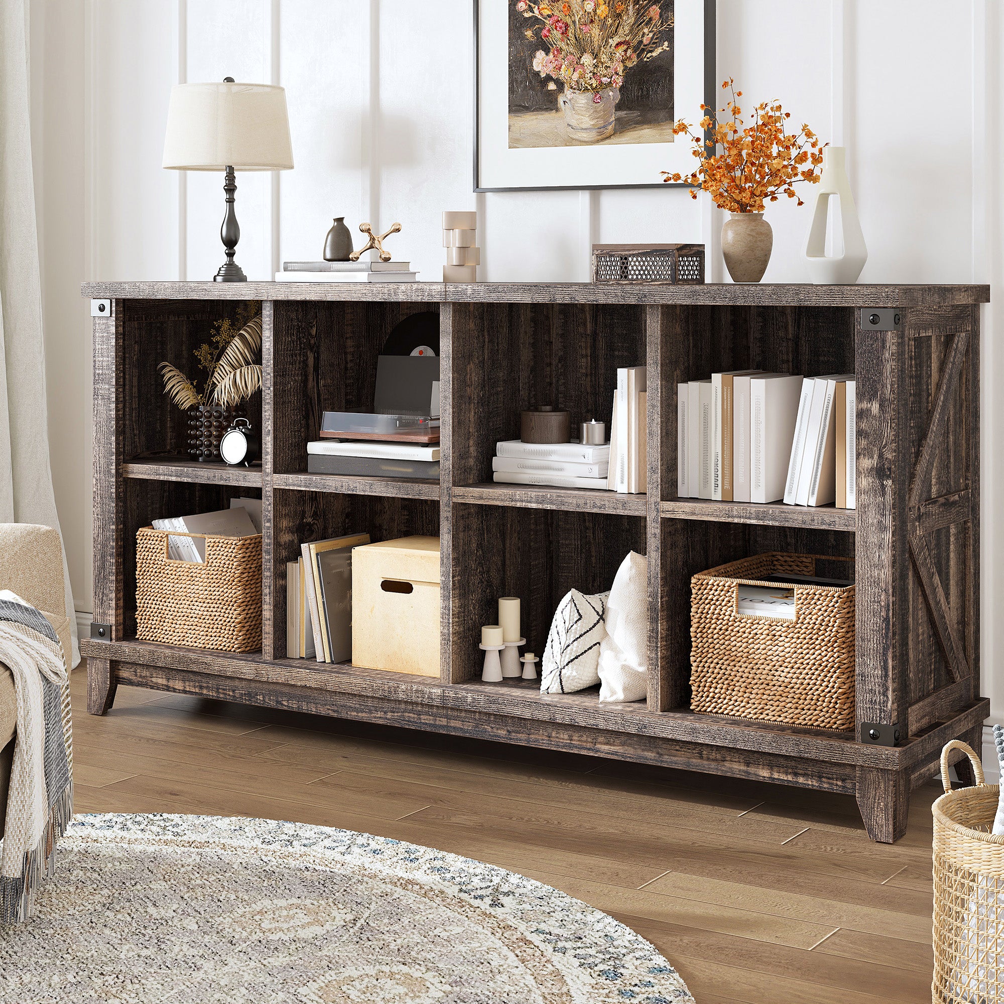 Modern 8-Cube Storage Shelf Organizer - Multipurpose Bookcase & Display Shelves for Living Room, Bedroom, Office-Black Oak-snhomee