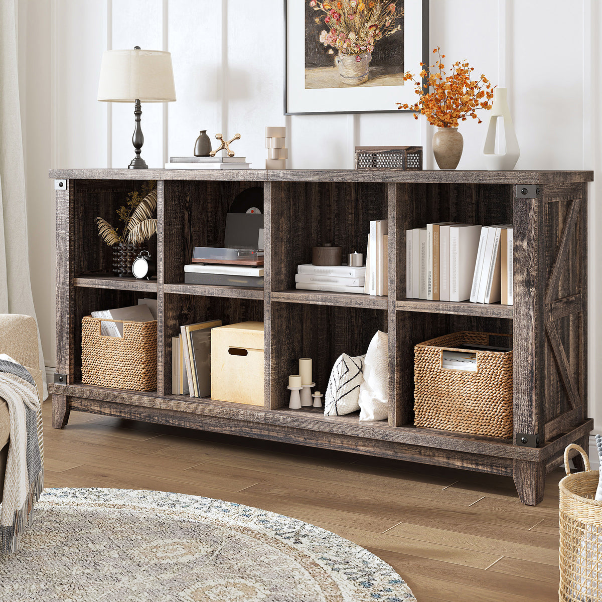 Modern 8-Cube Storage Shelf Organizer - Multipurpose Bookcase & Display Shelves for Living Room, Bedroom, Office-Black Oak-snhomee