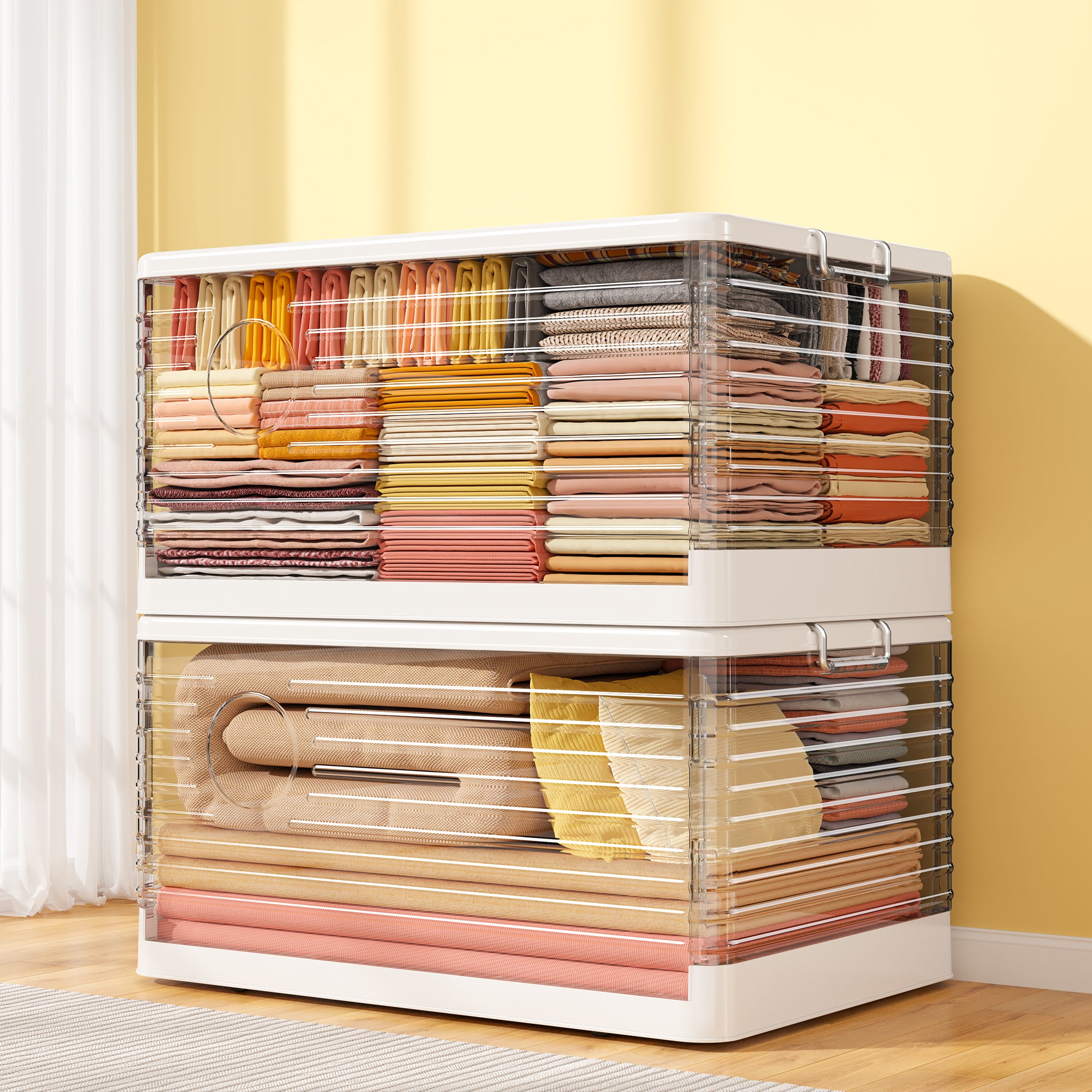 Snhomee Stackable Storage Bins, Collapsible Storage Bins on Wheels, Clear Storage Bins with lids