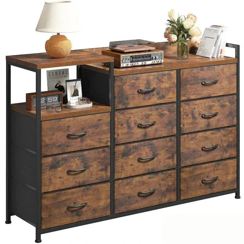 Snhomee 11-Drawer Dresser with Shelves – Wide Bedroom Storage Cabinet & TV Stand with Wood Top and Metal Frame