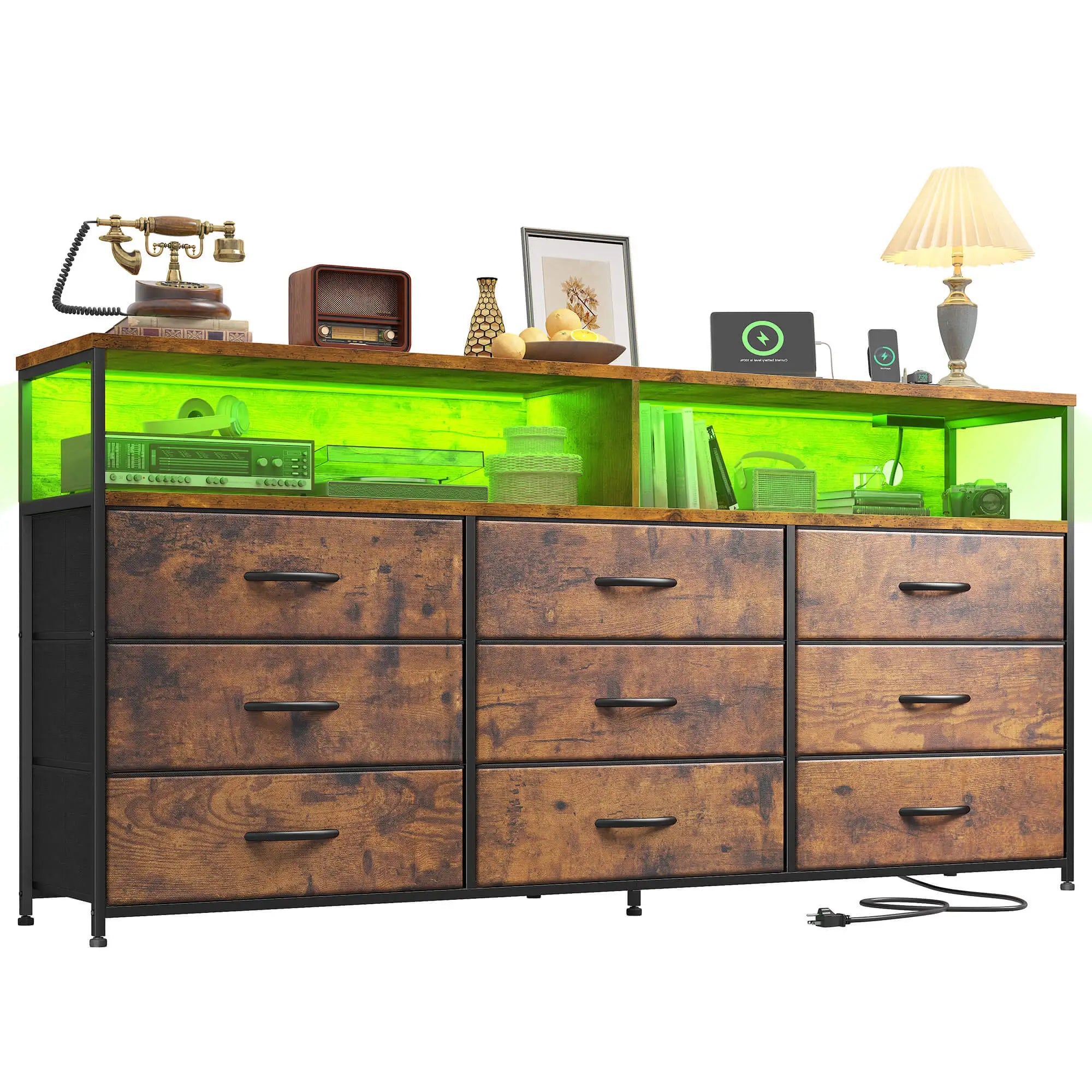 Snhomee Dresser TV Stand with 9 Drawers & Charging Station– 55" Wide Media Console LED lights & Wood Shelves for Bedroom, Living Room, or Dorm