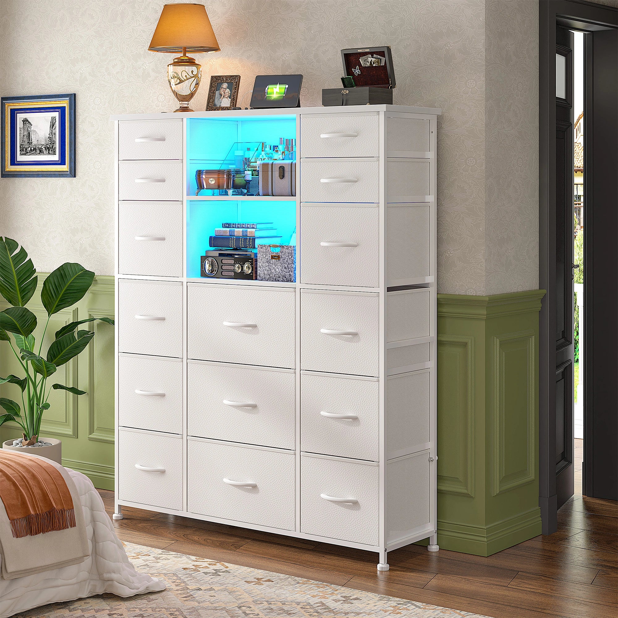 15-Drawer Smart Dresser with Charging Station & LED Lights - 51" Tall Fabric Storage Organizer, Steel Frame, Wood Shelves | No Assembly Hassle, Anti-Tip Safety, for Bedroom, Closet, Hallway