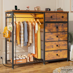49.2" W Dresser with Hanging Rack & LED Lights - 6-Drawer Storage + Charging Station for Bedroom/Closet, Rustic Brown-Rustic Brown-snhomee