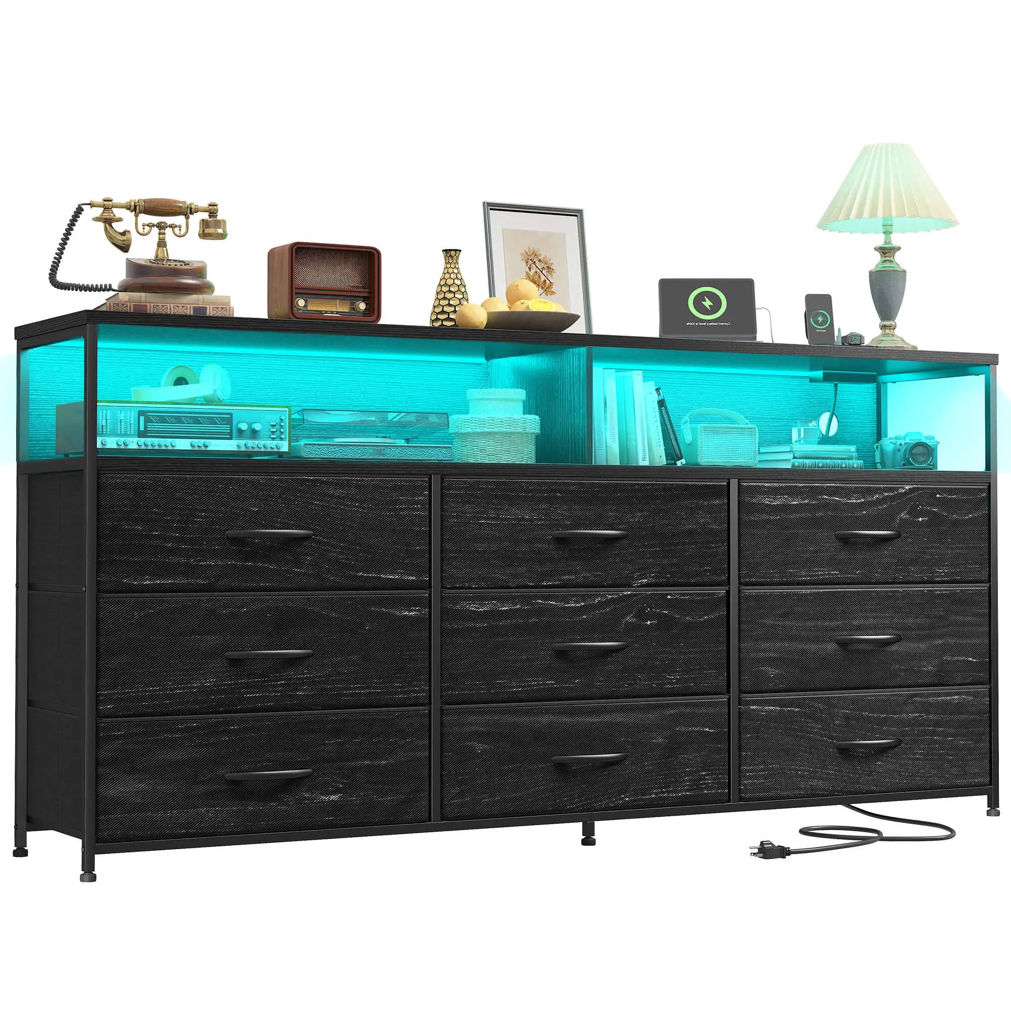 Snhomee Dresser TV Stand with 9 Drawers & Charging Station– 55" Wide Media Console LED lights & Wood Shelves for Bedroom, Living Room, or Dorm