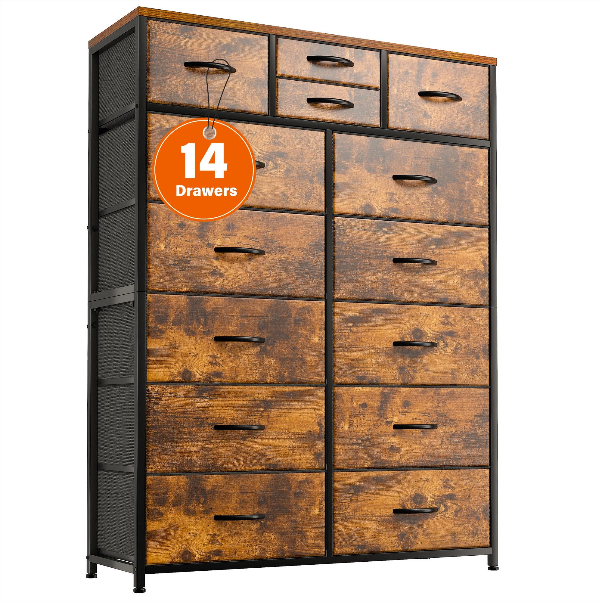 Snhomee Dresser for Bedroom with 14 Drawers, Tall Dressers for Bedroom,  Sturdy Metal Frame & Wood, Top Large Fabric Chest of Drawers, Closet, Livingroom