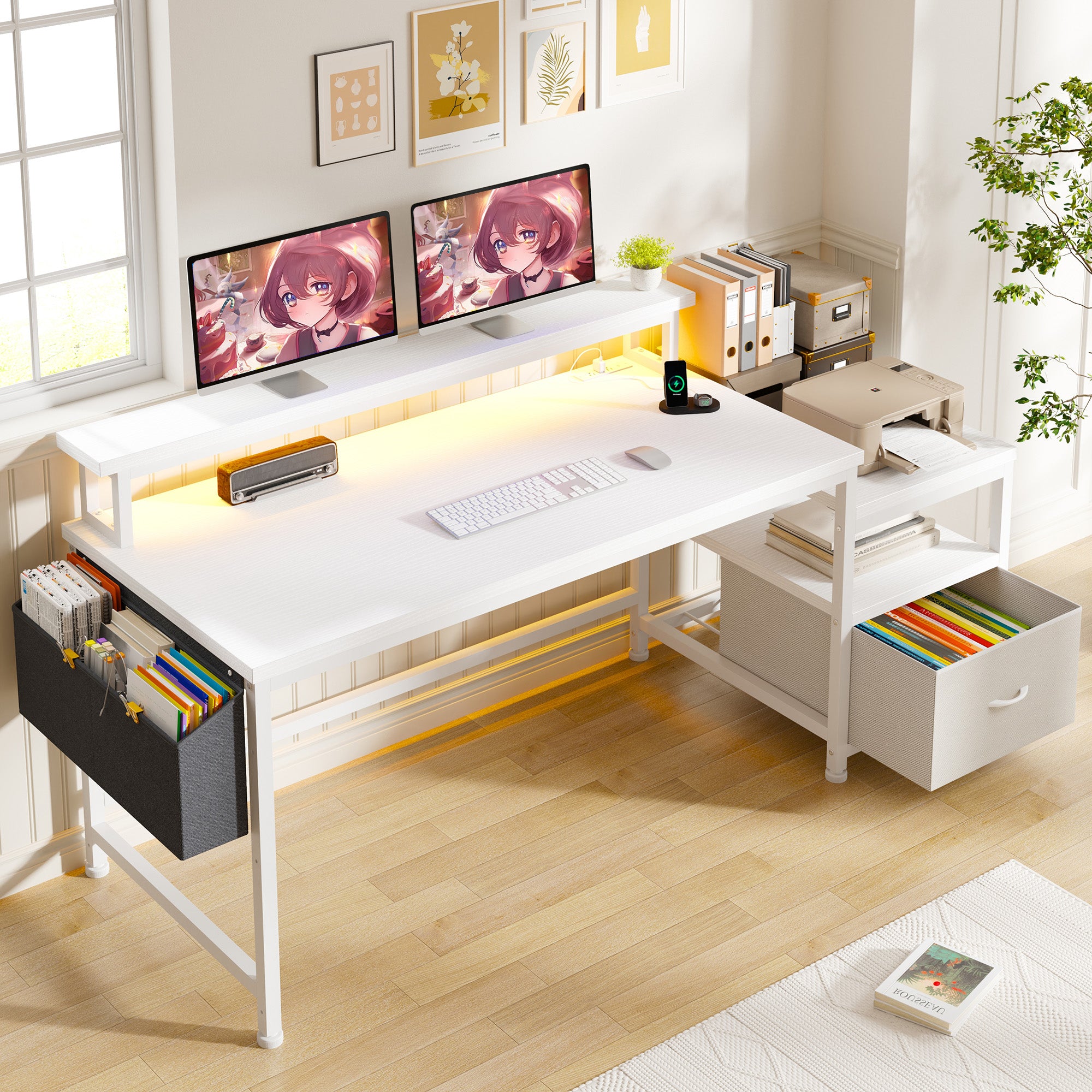 57" Computer Desk with Drawer, Gaming Desk with Moniter Stand, Home Office Desk for Bedroom Dorm