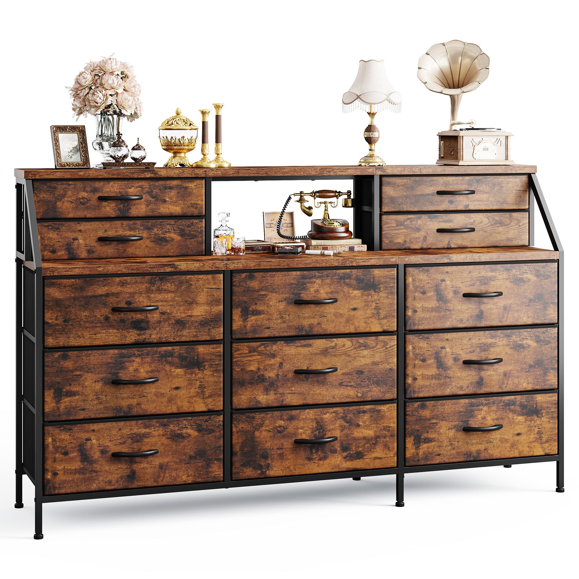 Girls Dresser Organizer: 55"W Dresser with 13 Fabric Drawers and 2 Open Shelves, Metal Frame & Wooden Top for Bedroom/Closet
