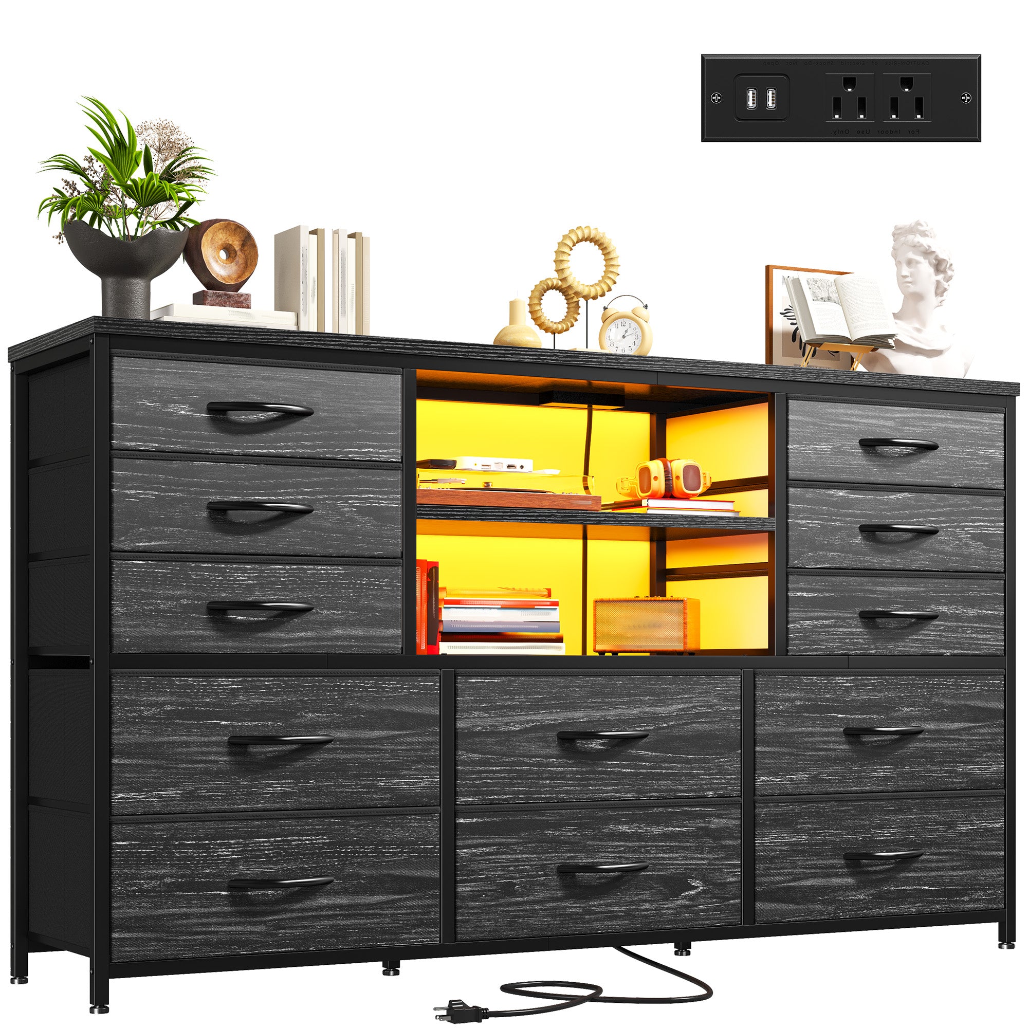 Snhomee 12-Drawer LED Dresser with USB Outlets - 60'' TV Stand for Bedroom & Living Room, Metal Frame Storage Cabinet 49''W x 35''H