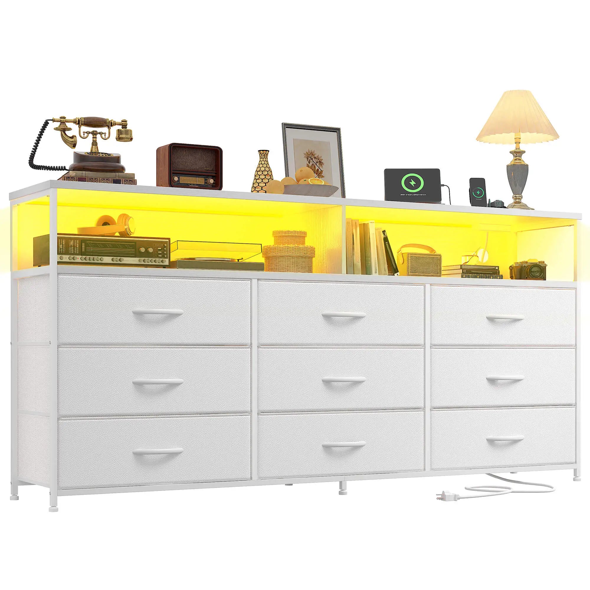Snhomee Dresser TV Stand with 9 Drawers & Charging Station– 55" Wide Media Console LED lights & Wood Shelves for Bedroom, Living Room, or Dorm