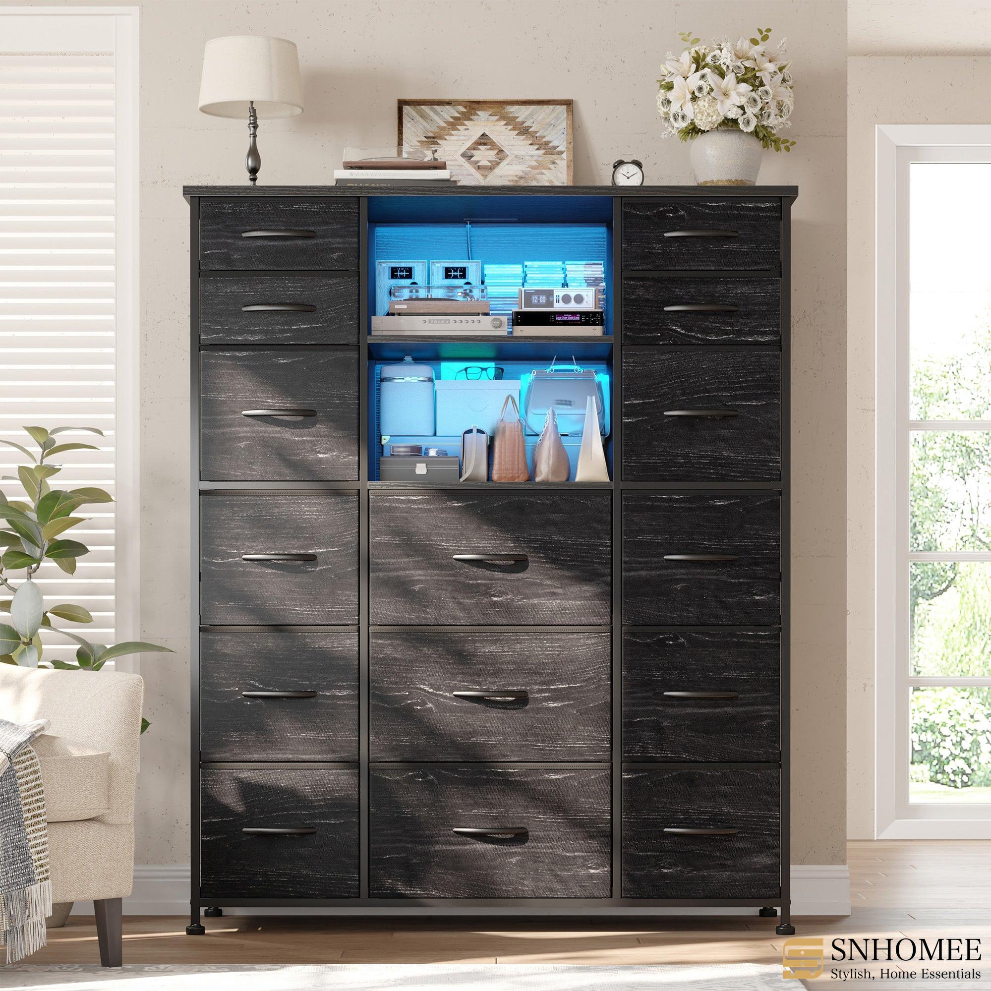 51" Tall Dresser with 15 Drawers & Charging Station | LED Lighting & Built-in Hutch | Steel Frame & Wood Top Bedroom Storage-Black-snhomee